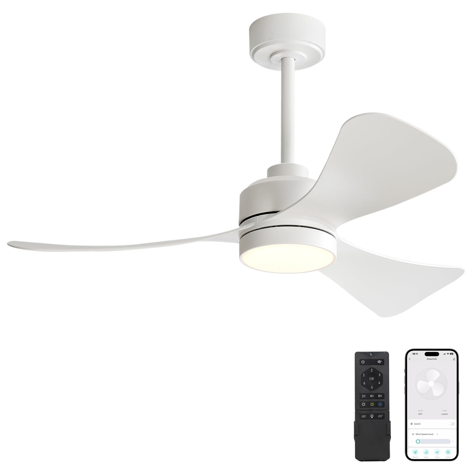 WINGBO 42" Smart Ceiling Fan with Lights and Remote, 3 ABS Blades, 6 Speeds Reversible DC Motor, Works with Alexa and Google Assistant, Dimmable DC Ceiling Fan for Kitchen Bedroom Living Room, White