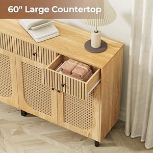 Sideboard Buffet Cabinet with Storage 63 Large Boho Rattan Sideboards with 4 Drawers 4 Doors Accent Credenza Storage Cabinet for Living Room Entryway Hallway Natural