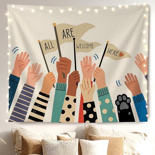 MKYFHSVGD Diversity Inclusive Classroom Tapestry Wall Hanging All Are Welcome Here Equality Inspirational Wall Tapestry for School Classroom Kids Room Playroom Decorations 50x60 Inch