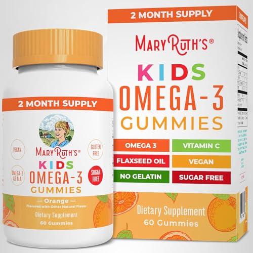 MARYRUTH'S Vegan Omega 3 Gummies for Kids 2+, 2 Month Supply, Sugar Free, Omega 3 Supplement with Vitamin C, Flaxseed Oil, Immune Support, Essential Nutrient ALA, No Fish Taste, 60 Count