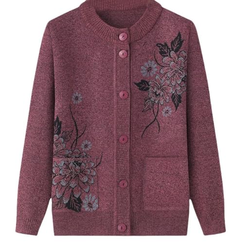 HGJH Cardigan Classique Imprimé Strass pour Dames Senior Cardigan Tricoté D'âge Moyen Et Âgé Vieille Dame Haut Occasionnel Grand Mère Porter Manteau Printemps Automne Mère Porter Pull Chaud,Rose,S
