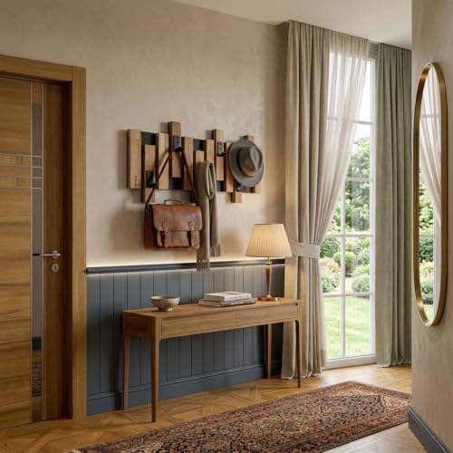 Perchero de pared de madera de roble de diseño nórdico con sofisticadas lamas negras 5
