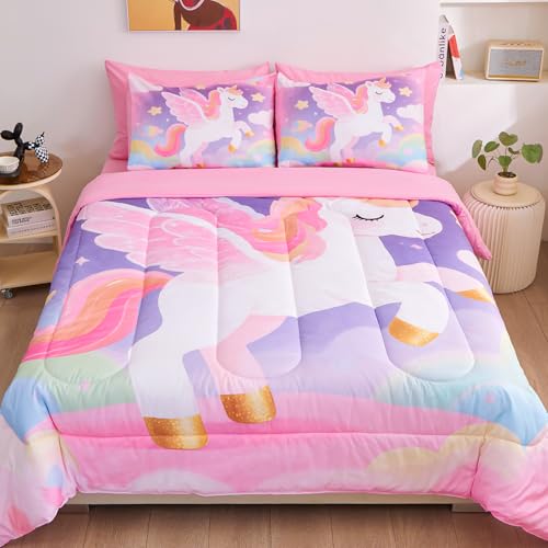 Image of Queen Bedding Sets for Girls 7 Piece,3D Colorful Unicorn Comforter Set for Girls, Ultra Soft and Fluffy, Pink & Rainbow Bed in a Bag with Comforter Sheets Pillowcase & Sham