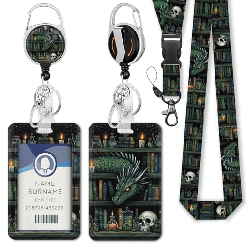 Gctriki Gothic Dragon Lanyards for ID Badges, Vintage Book Badge Holder with Lanyard, Funny Skull Retractable Reel Clip Keychain Vertical Name Tag Card Protector for Women Teacher Nurse Office Gift