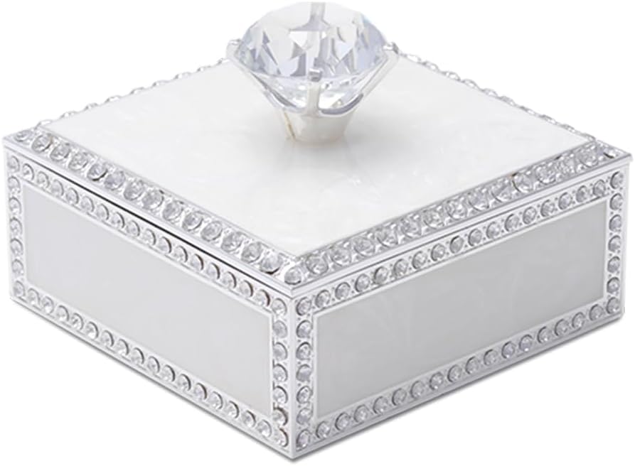 Diamond Crystal Jewelry Storage Box for Rings Earrings Necklace Treasure Chest Organizer Jewelry Keepsake Gift Box Case for Girl Women (Diamond Square Silver Plater White)