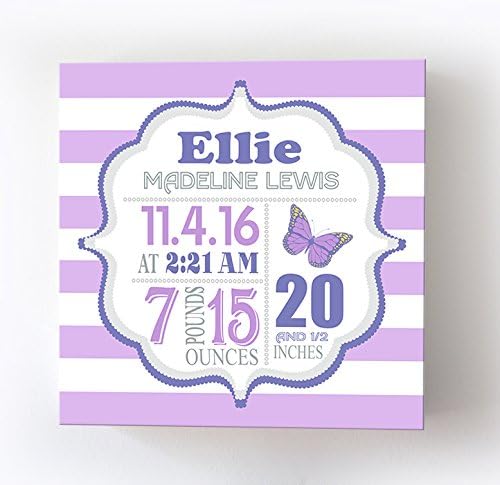 Personalized Stretched Canvas Birth Announcement Gift, Custom Baby Name, Date, Weight Stats, Newborn Butterfly Nursery Wall Art Decor, Wooden Frame Construction, Ready to Hang 30X30