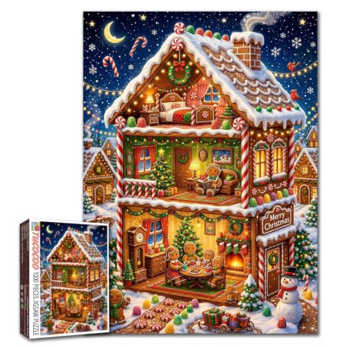 1000 Piece Jigsaw Puzzles for Adults Chritsmas Gingerbread House Jigsaw Puzzle Gingerbread Family 1000 Pieces Puzzles Game Christmas Village DIY Craft Bedroom Decor