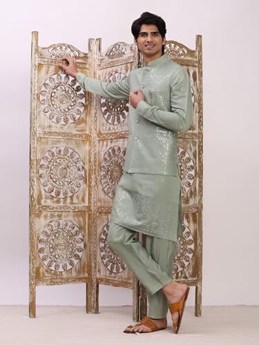 Men's Cuffed Sleeves Cotton Kurta and Trouser Set with Embroidered Waistcoat (Nehru Jacket) (C-121)4