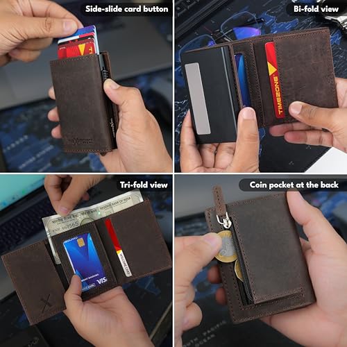Image of The X Project Vaulton Trifold Wallet | Premium Genuine Leather | Aluminium Cardholder | Side Slide Pop-Up Card Ejector | Carry Up to 6 Cards and 1 Slot for Carrying Cash & Folded Bills (Brown)