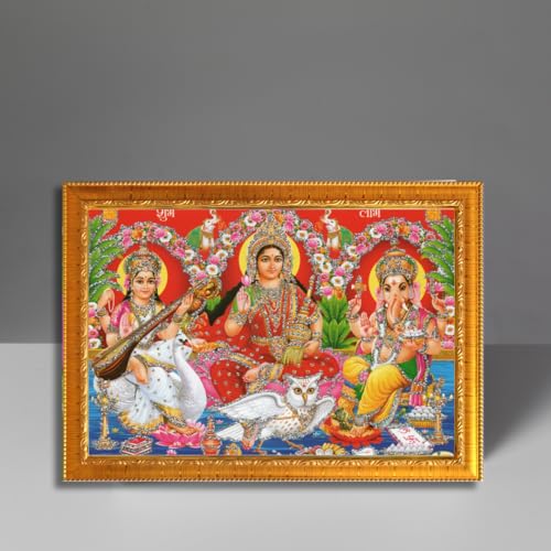 Image of CRAFT QUEST Lakshmi Devi with ganesh ji and saraswati mata Wall Painting Photo Frame for Diwali Pujan (Synthetic, Golden, Sparkle Finish, Small Size, 8 X 6 Inch)