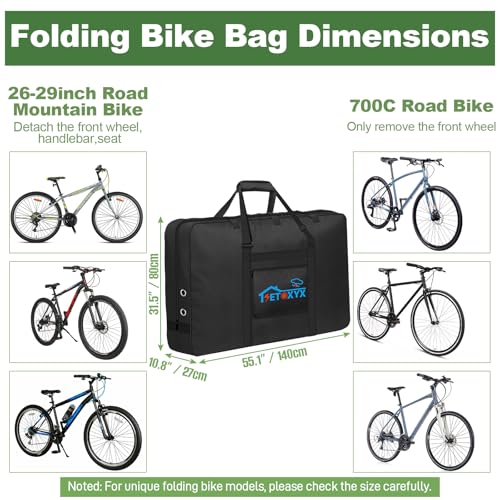 SETOXYX Bike Travel Bag, Transport Bicycle Storage Carry Bag, Heavy Duty 840D Mountain Folding Bike with 3 Fixed Buckles, Waterproof for 26-29 inch Mountain Bicycle,55×11×31inch
