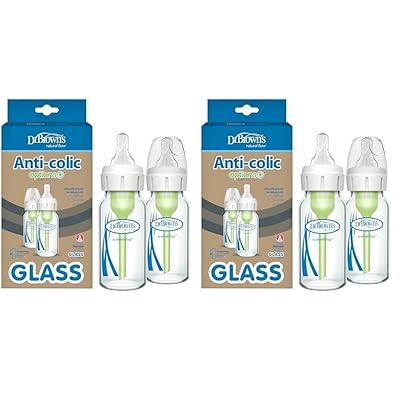 Dr. Brown's Natural Flow Anti-Colic Options+ Narrow Glass Baby Bottle 4 oz/120 mL, with Level 1 Slow Flow Nipple, 4 Pack, 0m
