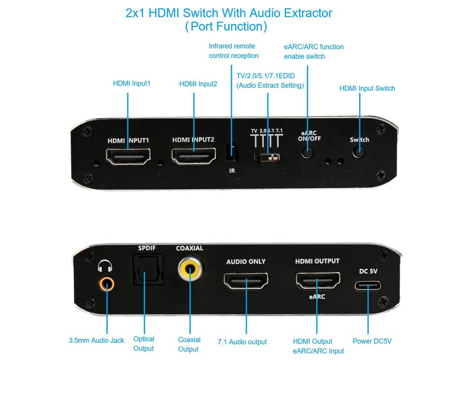 Extractor de audio HDMI eARC 4K conmutador 2 en 1 convertidor sonido optico coaxial 3.5mm HDR 4