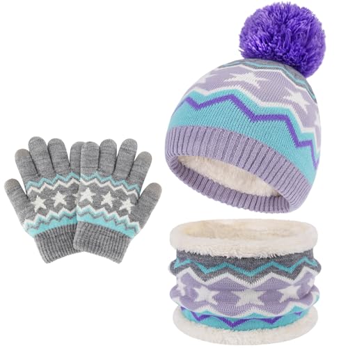 Image of Kids Toddlers Winter Hats Knit Warm Beanie Scarf Gloves Set for Boys Girls Age 2-7, Pompom Cap Neck Warmer Fleece Lined Gifts