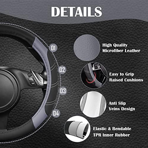 CAR PASS Line Rider Microfiber Leather Sporty Steering Wheel Cover Universal Fits for 95% Truck,SUV,Cars,14.5-15inch Anti-Slip Safety Comfortable Desgin (Black-Gray) - 2