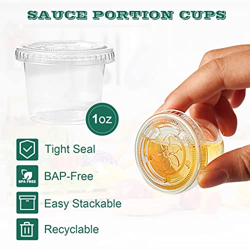 Image of 400 Sets 1 oz Plastic Portion Cups with Lids, Plastic Sauce Cups with Lids | Leak-proof sealing lids for sauces, jelly shots, souffle, condiments, dressings, for daily use, commercial kitchens, takeaway
