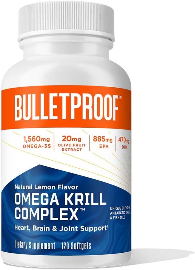 Bulletproof Omega Krill Complex, Triple Strength Essential Fats with EPA, DHA, GLA and Astaxanthin, 1560mg Omega-3s Per Serving, Lemon Flavored (120 Softgels)