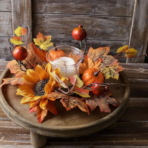 ZHUIGUANGZE Thanksgiving Sunflower Fall Maple Leaves Pumpkins Candle Ring Wreath, 10 Inch Mini Autumn Bright Candle Holders Table Centerpieces Decor for Farmhouse Party Rural Wall Door Tabletop
