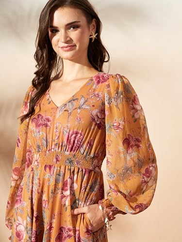 Image of Miss Chase Women's Multicolored-Base-Brown Relaxed Fit Maxi Lurex Chiffon Dress