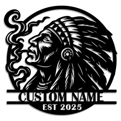 Custom Native American Chief Metal Wall Art, Personalized Name Sign with Year EST, Tribal Headdress Steel Decor, Rustic Western Home Wall Decor Gift (Style-1)