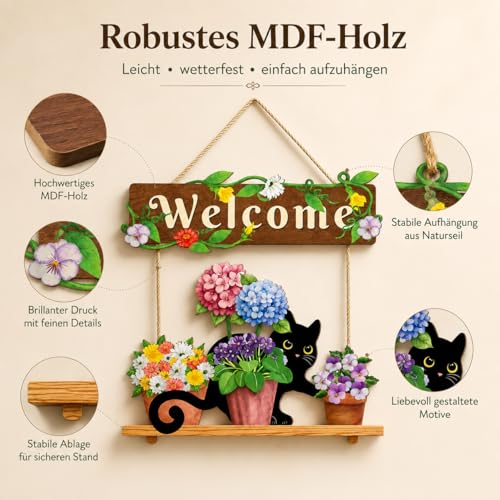 Wieniec na drzwi całoroczny, tabliczka powitalna, drewniana dekoracja, rustykalny wieniec na drzwi z kotami, kolorowy kwiatowy, wiosenny szyld powitalny do domu wiejskiego, mieszkania, tarasu, wraz z