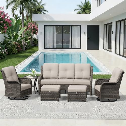 Image of 6 Piece Outdoor Wicker Patio Furniture Set, Outdoor Swivel Rocker Patio Chairs Set with Thickened Olefin Cushions, High Back and Deep Seating, Hand-Woven PE Rattan for Porch, Deck
