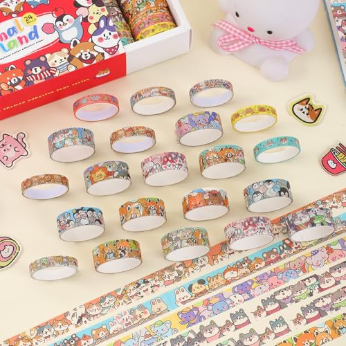 Image of 24 Rolls Colorful Cute Cartoon Animal Writable Washi Tape Set, Decorative Tapes for Scrapbooking and Journaling, Junk Journal Supplies, Bullet Journaling for Women Girl 8-15mm Wide 9.84ft Long /Roll
