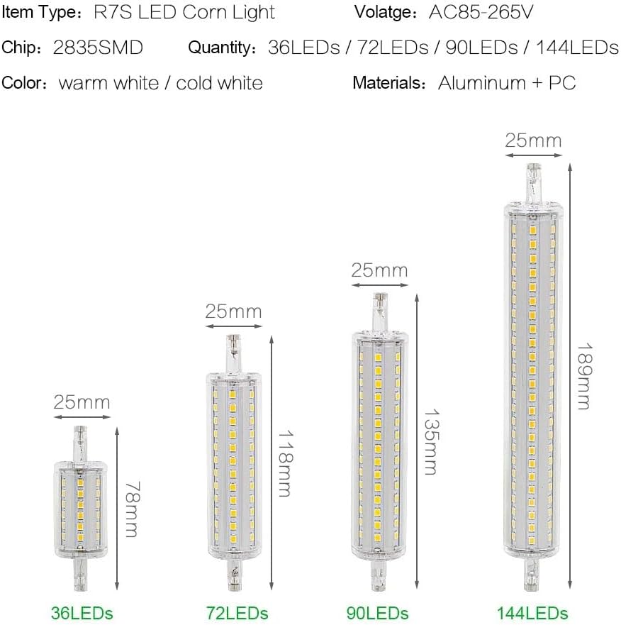 Indoor Lighting 4pcs AC85-265V Bulb R7S LED Corn 2835 SMD 78mm 118mm 135mm 189mm Light 5W 10W 15W 20W Replace Halogen Lamp Floodlight(20w 189mm)