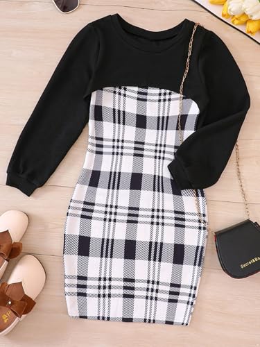 Kids Girls Two Piece Clothes Set Plaid Bodycon Cami Dress with Long Sleeve Crew Neck Crop Sweatshirt3