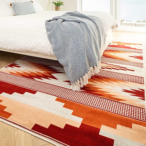Designer Red Orange Geometric Living Room Rug Aztec Tribal Terracotta Cream Bedroom Carpet Striped Hallway Utility Kitchen Stain Resistant Floor Area Rugs 120cm x 170cm