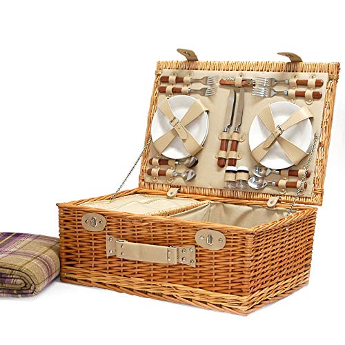 Cesta de Picnic con morado manta de tartán para 4 personas