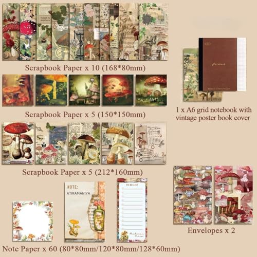 Image of MGNLR Vintage Aesthetic Paper Scrapbook Kit(346Pcs) Scrapbooking Supplies Kit With Bullet Junk Journal,Stationery,A6 Grid Notebook Journaling Gift For Girl (Mushroom Scrapbook),Multicolor
