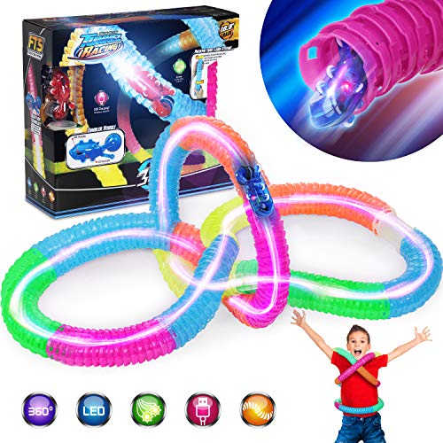 lenbest Tube Racing Car Set, Car Race Track Flexible Train set, Magic Cars with LED Lights for Kids - Infinite Combination Glow in Dark, Can be Bundled to Play on The Body