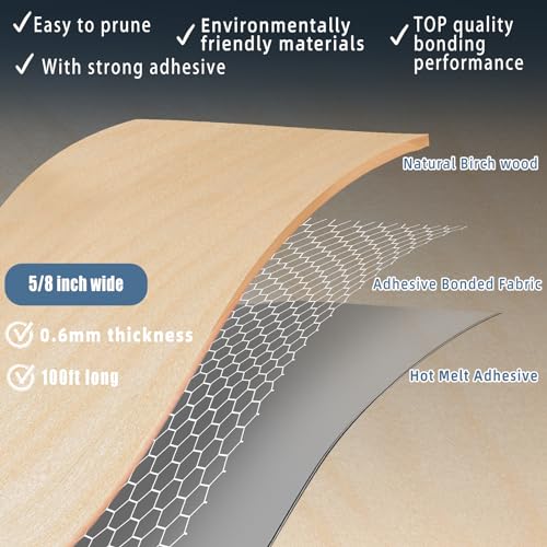 Image of Birch Edge Banding, 5 /8 Inch x 100ft Roll of Veneer Edge, Pre-glued Flexible Real Wood Tape for Cabinet Repair and Furniture Restoration