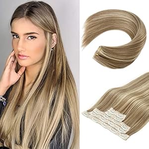 REECHO Clip in Hair Extensions, Hair Extensions Thick Long Lace Weft Lightweight Synthetic Hairpieces for Women (24 Inch-240 Gram(Pack of 5), Walnut Brown with Blonde Highlights)