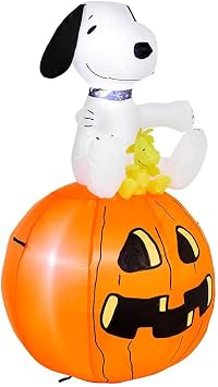 Gemmy Industries Halloween Peanuts Snoopy with Woodstock Sitting On Pumpkin Inflatable Airblown Light Up Yard Display