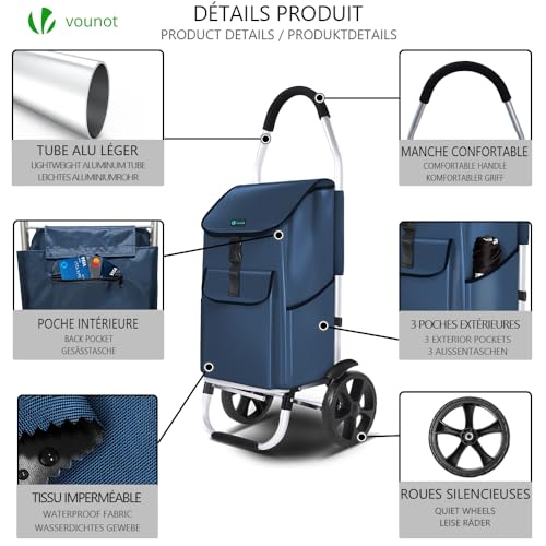 VOUNOT Einkaufstrolley Klappbar aus Aluminium mit 45L Wasserdichter Tasche, 2 Extra große Räder mit Schutzblech, Faltbarer Einkaufswagen, Treppensteiger Trolley, Marineblau – Bild 3