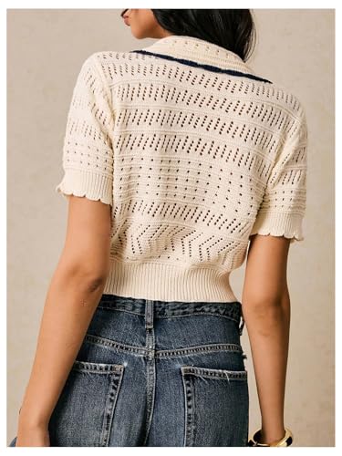 WDIRARA Women's Button Down Short Sleeve Cardigan Sweater Crochet Hollow Out Collared Knit Crop Tops3