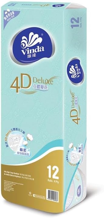 Vinda 4D Emboss Supreme and Ultra Soft - 4 ply Bathroom/Toilet Tissue 10 Rolls - 220 pulls per roll - Total 2220 pulls