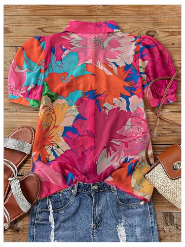 SweatyRocks Women's Floral Print Button Down Blouses Puff Short Sleeve Boho Vacation Shirts2