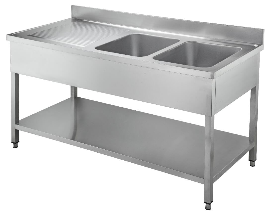 Plonge INOX pour Cuisine Professionnelle, Bar, hôtel, Restaurant, collectivité.… (180 x 70 x h 95 cm, 2 Bacs à Droite)