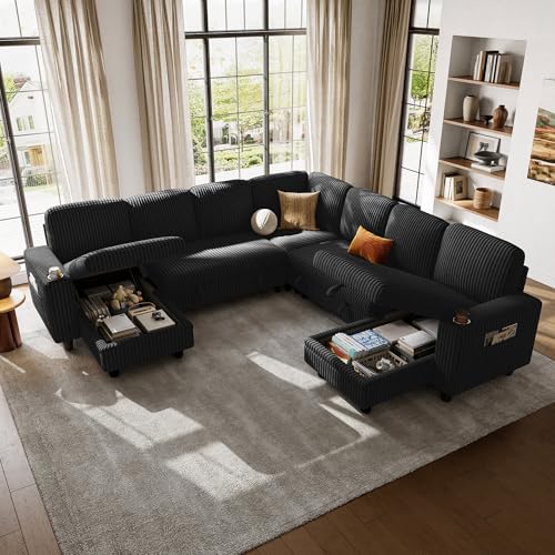 Image of LINSY HOME Sectional Sleeper Sofa with Pull Out Couch Bed - Convertible Plush Corduroy Cloud Couches with Storage Chaise & USB Charging, Comfy Modular Couch for Living Room, Black