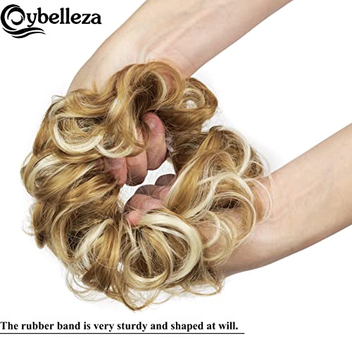 Cybelleza Messy Bun Hair Piece Wavy Curly Hair Scrunchies Thick Messy Hair Bun Updo Hairpiece Synthetic Ribbon Ponytail Extensions Donut Chignons Wavy Wig for Women Girls 40g Blonde & Blonde - Image 3
