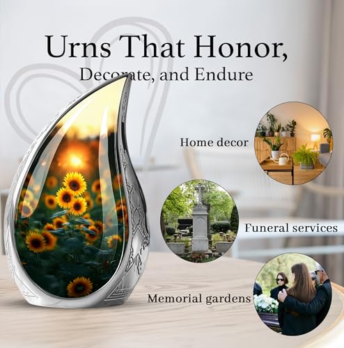 Image of Sunset Sunflower Urns for Human Ashes - Teardrop Urn for Human Ashes Adult - Yellow Sunflower Urn for Adult Male and Female - Cremation Urns for Men and Women 10inch