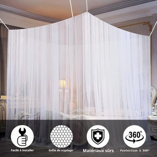 Moustiquaire de lit carré en polyester blanc pour lits simples et doubles