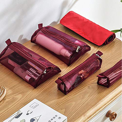MOONKKA Roll Up Toiletry Bag Travel Cosmetic Case Organizer Portable Artist Storage Bag with Four Detachable Storage Bags for Cosmetics Makeup Brushes Toiletry Jewelry,Bordeaux red