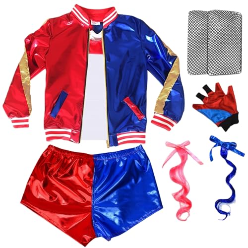 Maazusa Red-Blue Cosplay Costume for Women Cosplay Outfits with Jacket Short Sleeve Gloves Stockings Wig Red-Blue Villain Cosplay Fancy Dress for World Book Day Theme Party (L)