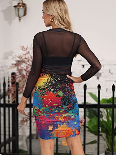 Image of Rodawu Women's Sexy See-Through 3-Piece Set Midi Dress Outfits | Printed,Long Sleeve,Sheer Mesh,Crop Tank Top,Bodycon Skirt,Ruched Cover,Soft,Lightweight,Breathable,Skin Friendly Fabric