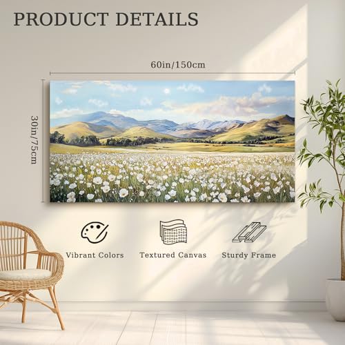 crmotu Large Landscape Wall Art, Flower Wall Art, Nature Wall Decor, Meadow with Wildflowers Canvas Prints, Rustic Aesthetic Pictures for Living Room Bedroom Above Bed Hallway Farmhouse 30x60inch
