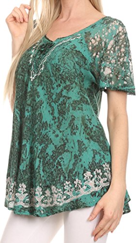 Image of Sakkas Ash Speckled Tiedye Embroidered Cap Sleeve Blouse Top with Embroidery Hems